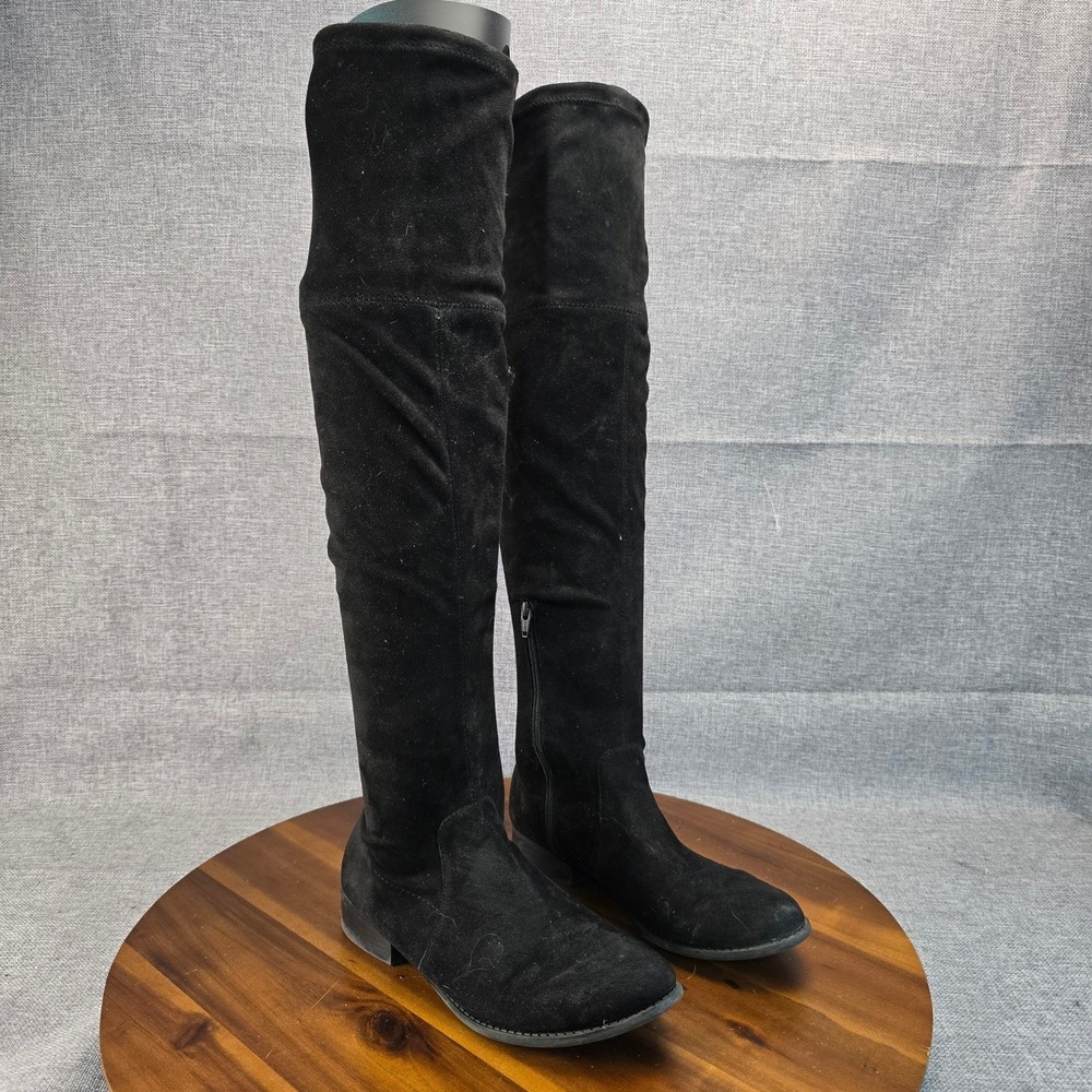 Black Over The Knee Boots Faux Suede Side Zip Tie Back Women Size 8